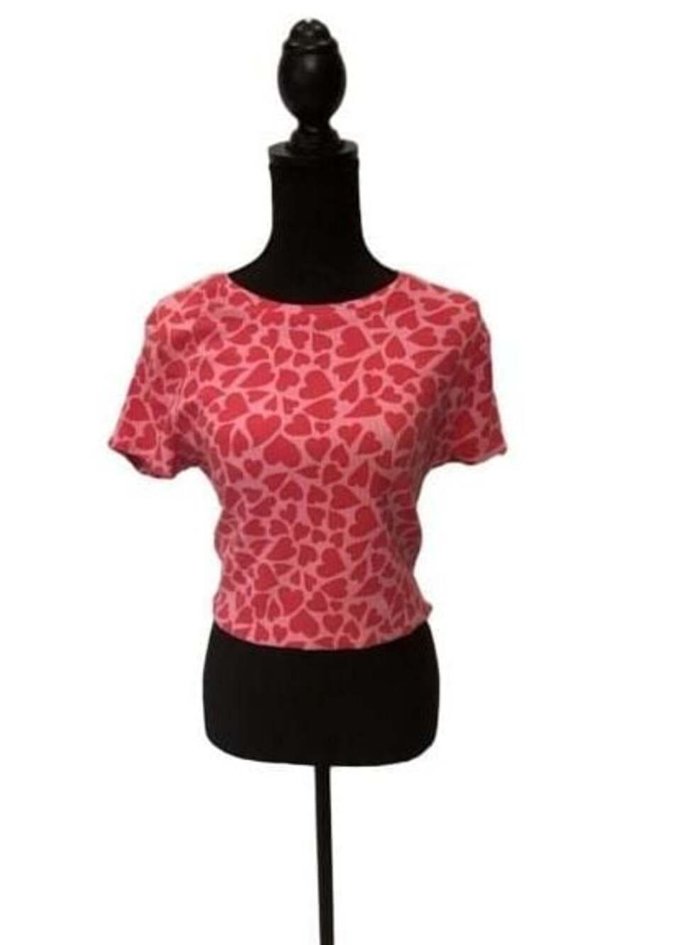 Wild Fable Pink and Red Heart Print Ribbed Crop Top
